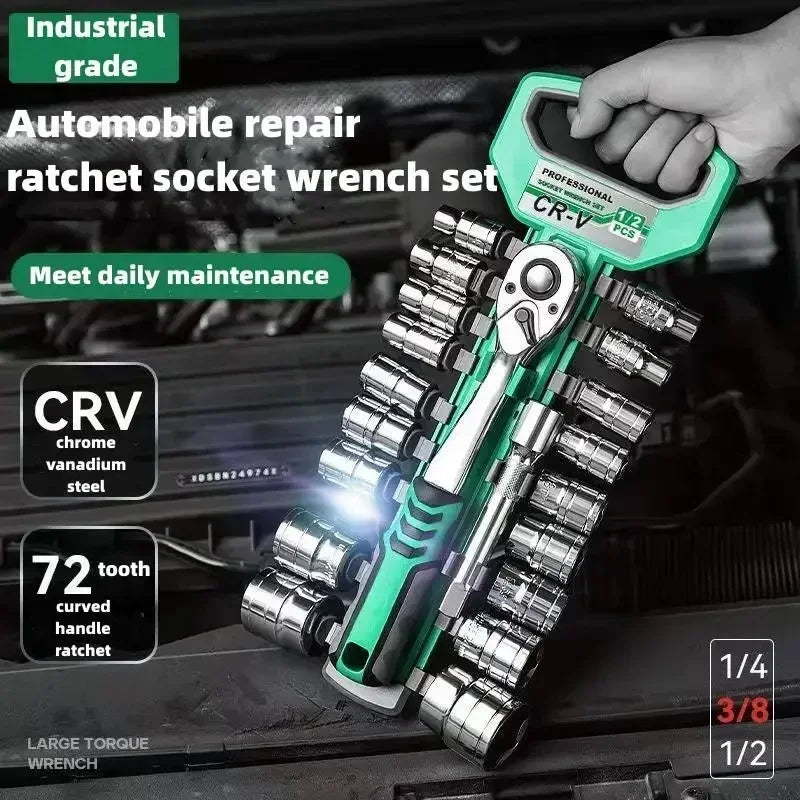 1/4" 3/8" 1/2" CRV Ratchet Spanner Automotive Mechanic Tool Box Set Garage Car Repair Socket Wrench Set Diy Workshop Hand Tools